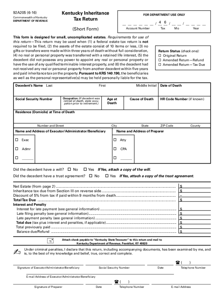  Kentucky Inheritance Tax Return Form 2016-2024