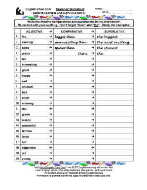 Com Grammar Worksheet COMPARATIVES and SUPERLATIVES NAME DATE Write the Missing Comparatives and Superlatives in the Chart below  Form