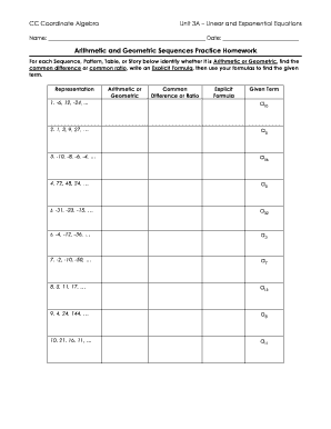 Arithmetic and Geometric Sequences Practice Homework  Form