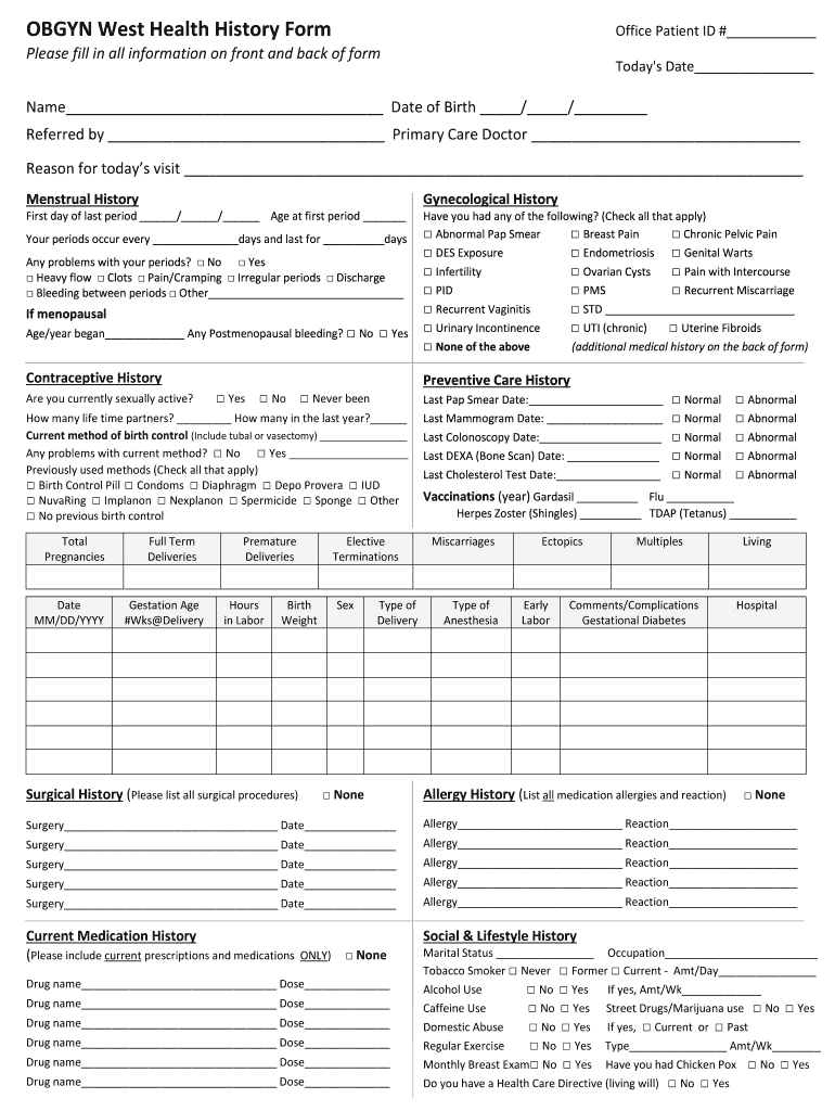 OBGYN West Health History Form Office Patient ID Please  Obgynwest