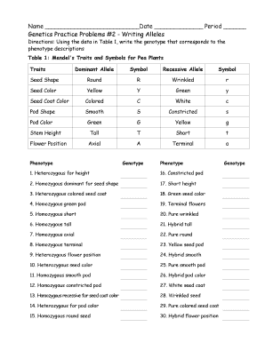 Genetics Practice Problems Writing Alleles  Form