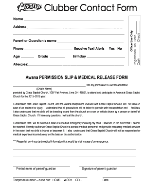 Awana PERMISSION SLIP MEDICAL RELEASE FORM Gbclima