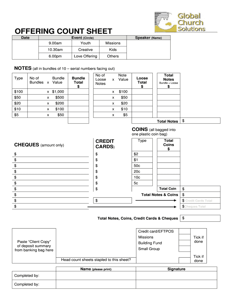 Church Collection Count Sheet  Form