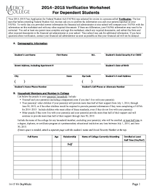  20142015 Verification Worksheet for Dependent Bb Mercy College Mercy 2014