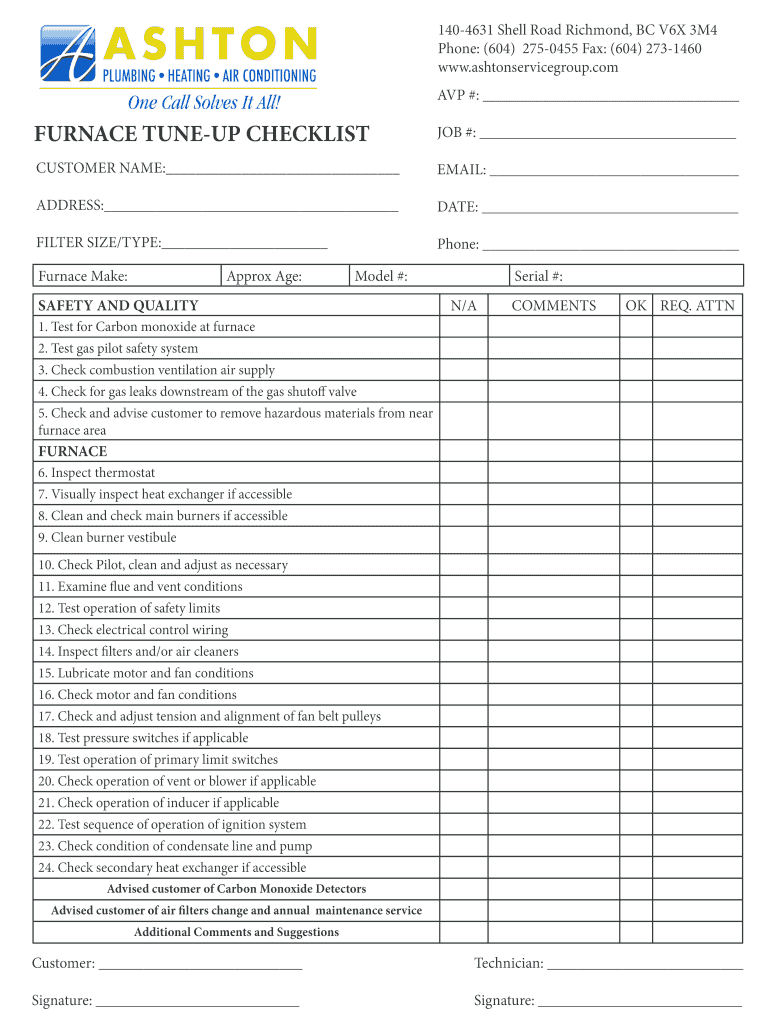 Get and Sign Furnace Tune Up Checklist PDF  Form