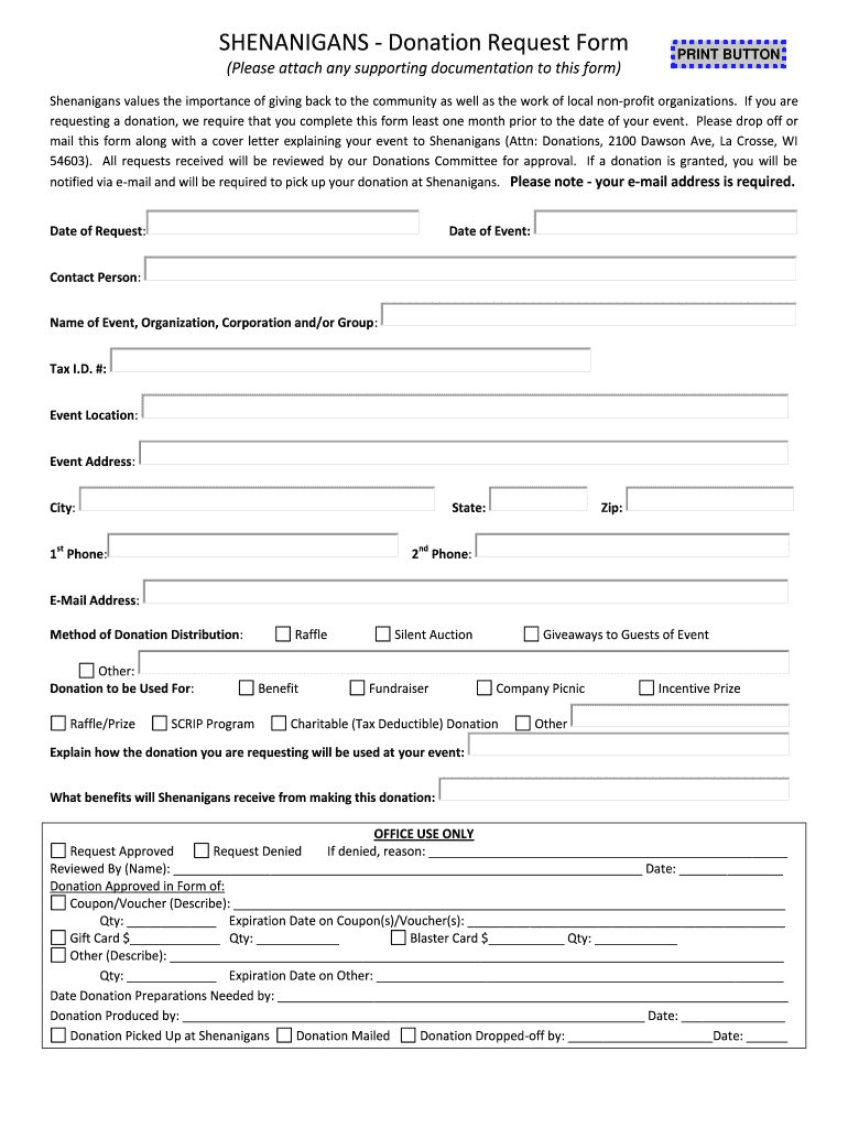 SHENANIGANS Donation Request Form