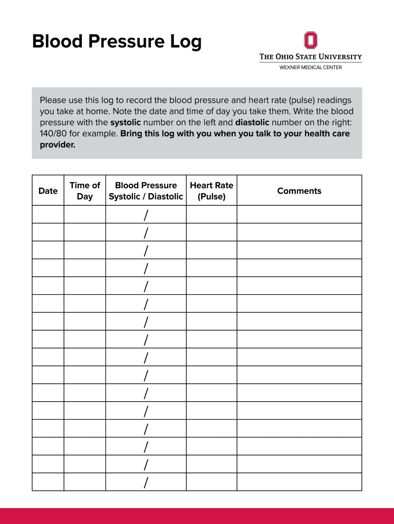 Please Use This Log to Record the Blood Pressure and Heart Rate Pulse Readings  Form