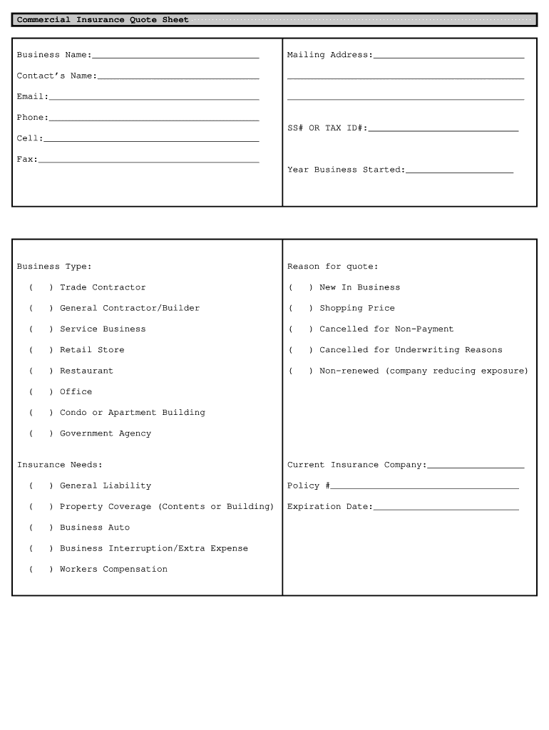 Commercial Insurance Quote Sheet  Form