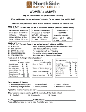 Printable Women&#039;s Ministry Survey  Form