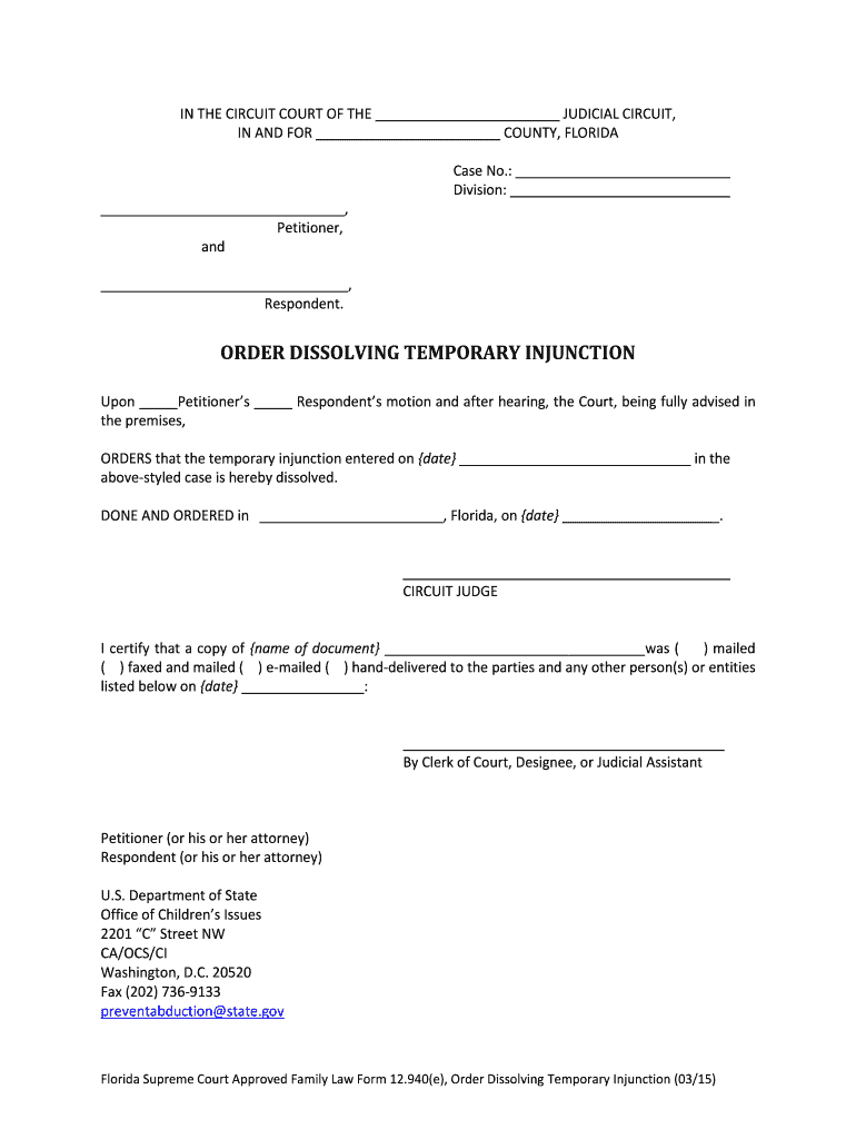 Order Dissolving Temporary Injunction  Form