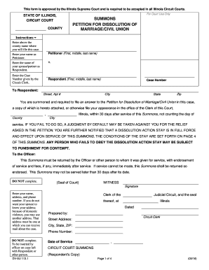 Illinois Statewide Forms APPROVED Summons Petition for Dissolution Fo MarriageCivil Union DV SU 113 1