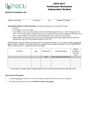  20162017 Verification Worksheet Independent Student OFFICE of FINANCIAL AID Students Last Name First Name M Njcu 2016