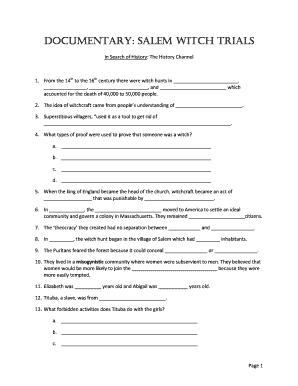 Salem Witch Trials History Channel Worksheet  Form