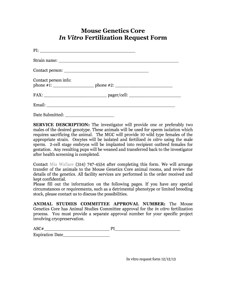  Mouse Genetics Core in Vitro Fertilization Request Form 2013-2024