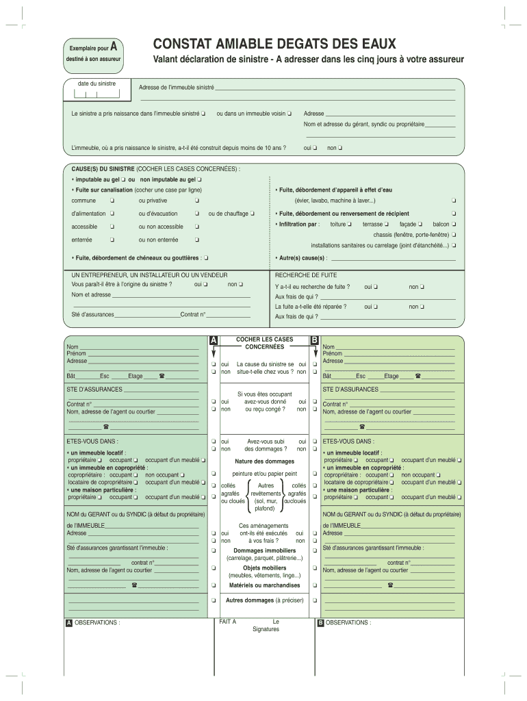 Get and Sign Constat Amiable Degat Des Eaux PDF Remplissable En Ligne  Form