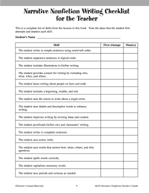 Narrative Nonfiction Writing Checklist for the Teacher  Form