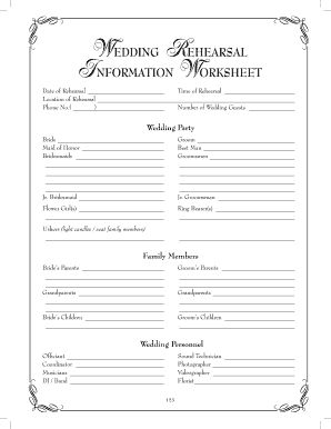 WeDDing Rehearsal InformaTion WorksheeT Love Notes Weddings