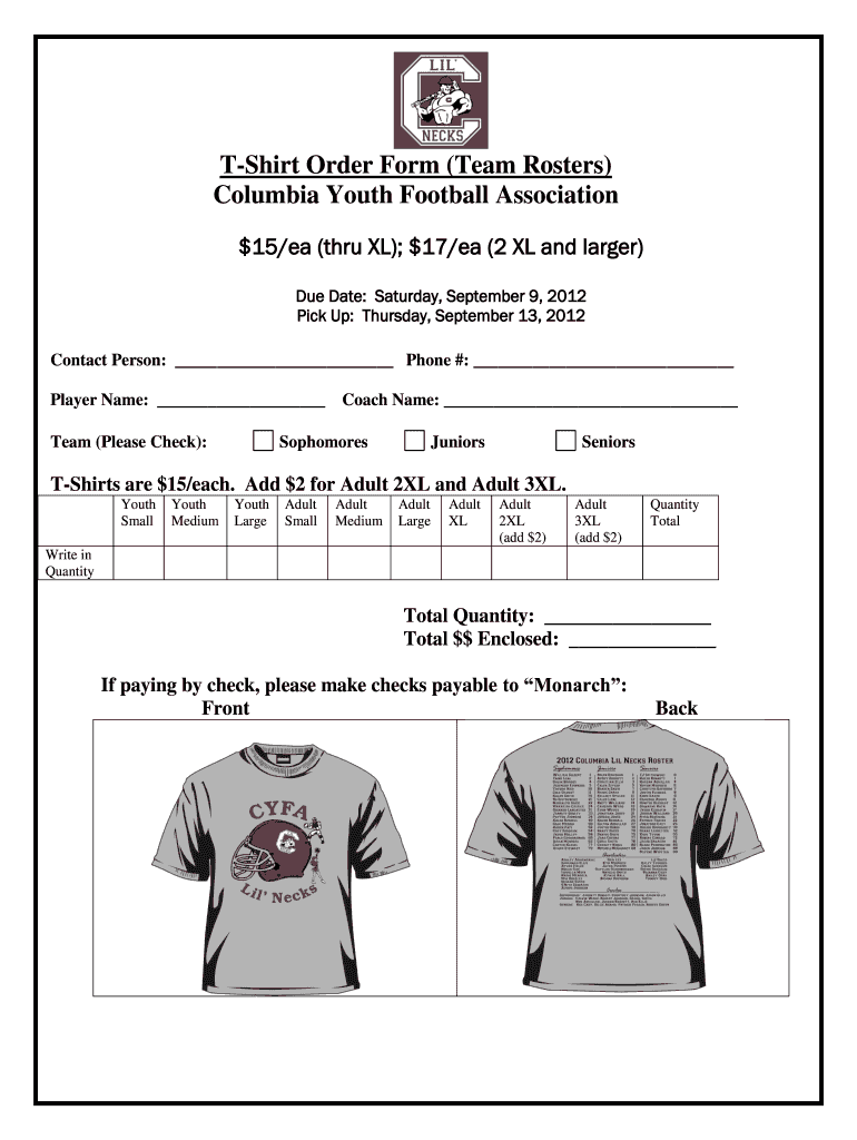 T Shirt Order Form Team Rosters Columbia Youth Football