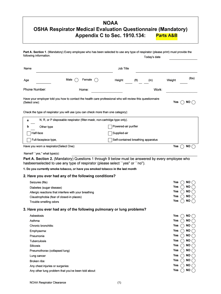 NOAA OSHA Respirator Medical Evaluation Questionnaire Corpscpc Noaa  Form