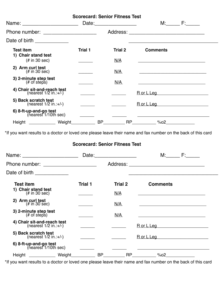 Scorecard Senior Fitness Test Name Date M F Address  Form
