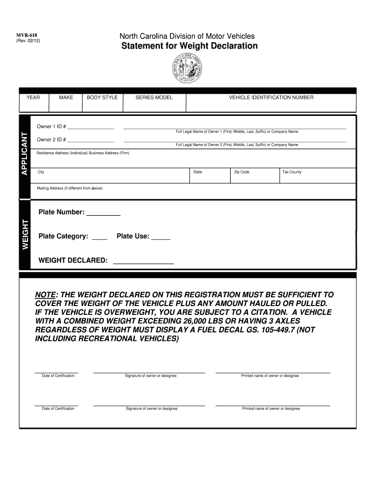 North Carolina Division of Motor Vehicles MVR 618  Form