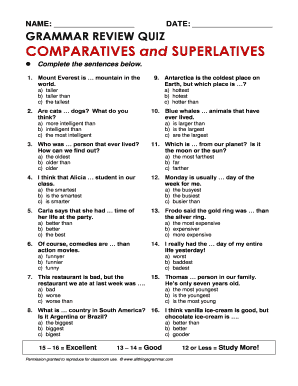 Grammar Review Quiz Comparatives and Superlatives  Form