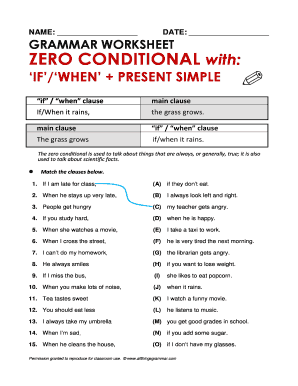 Grammar Worksheet Zero Conditional with If When  Form