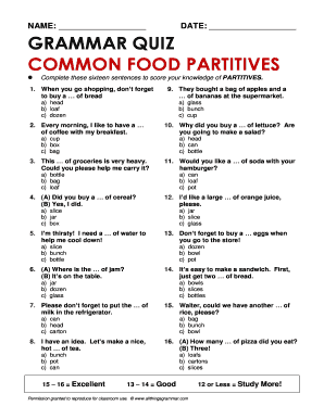 Common Food Partitives  Form