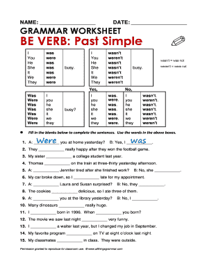 Grammar Worksheet Be Verb Past Simple  Form