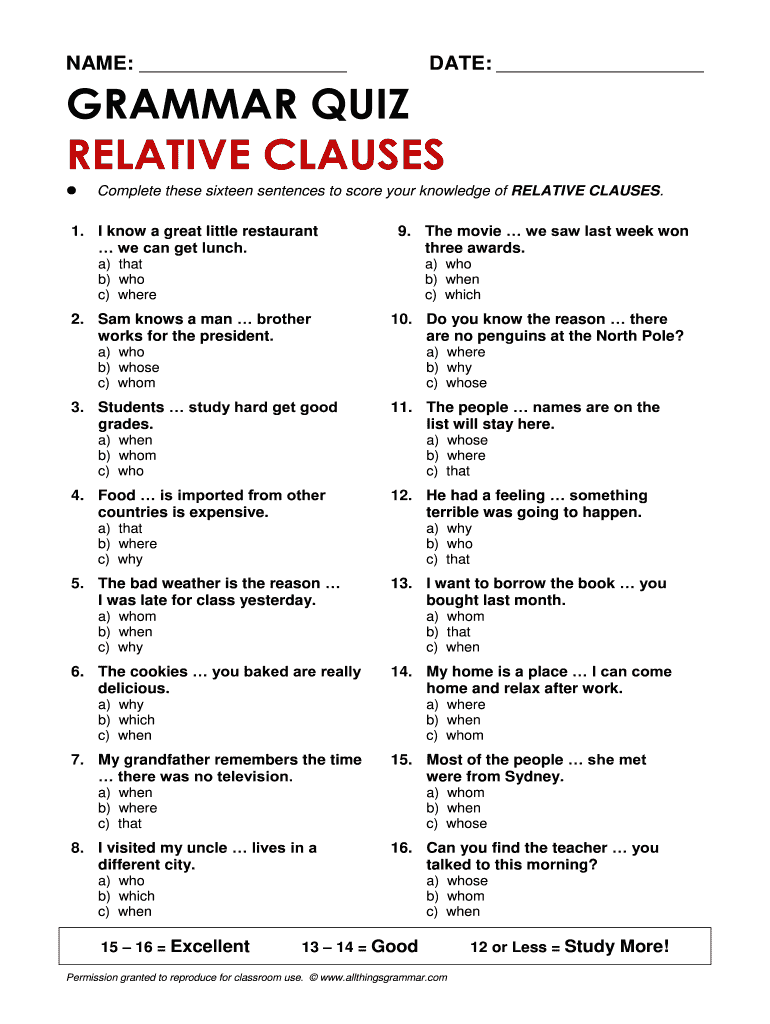 Complete These Sixteen Sentences to Score Your Knowledge of Relative Clauses  Form