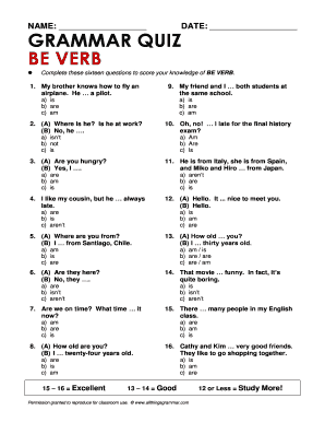 Grammar Quiz Be Verb  Form