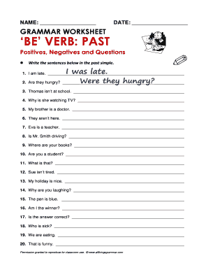 Grammar Worksheet Be Verb Past Simple  Form