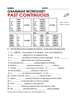 Grammar Worksheet Past Continuous  Form