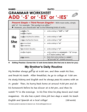 3rd Person Singular Exercises PDF  Form