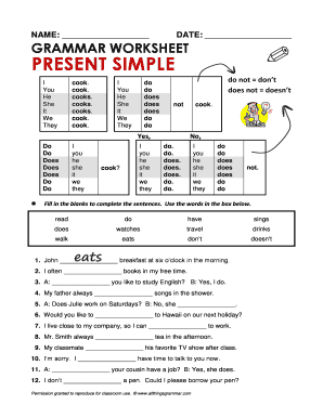 NAME DATE GRAMMAR WORKSHEET PRESENT SIMPLE I You He She it We They Cook  Form