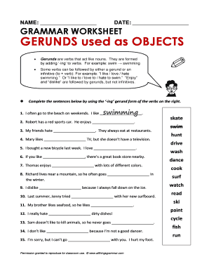 Grammar Worksheet Gerunds Used as Subjects  Form