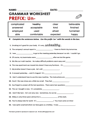 Prefix Un Worksheet PDF  Form