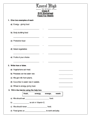 2nd Evs Worksheets for Class 2 on Food  Form