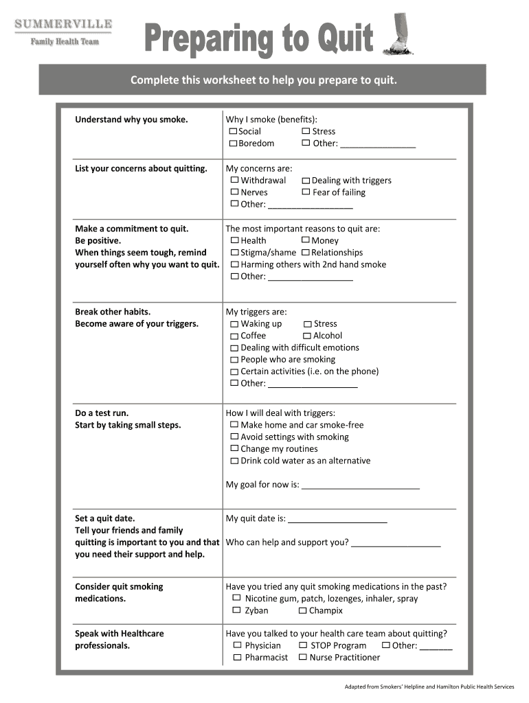 Smoking Cessation Worksheets  Form