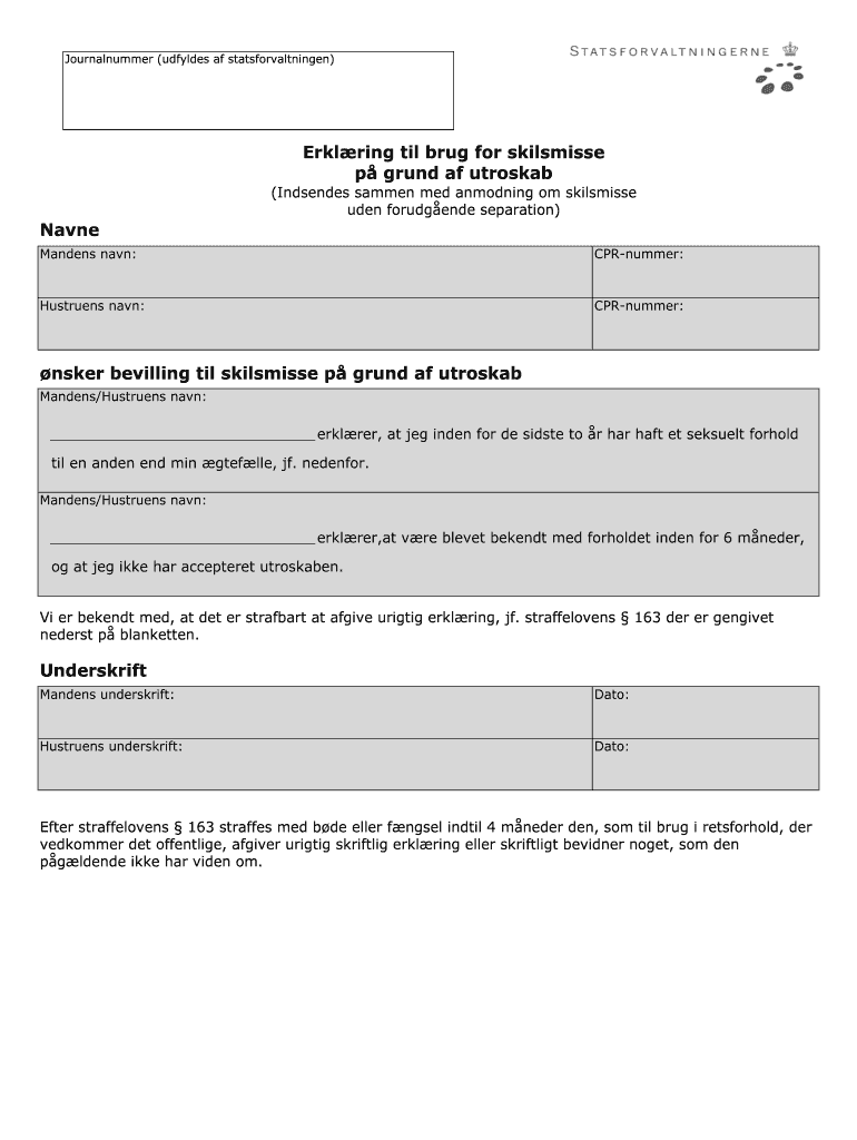 Erklaring Til Brug for Skilsmisse Pa Grund Af Utroskab Form