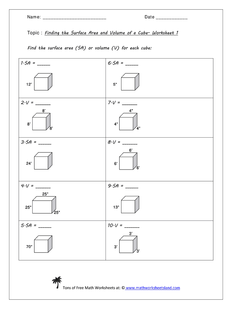 Surface Area of a Cube Worksheet  Form