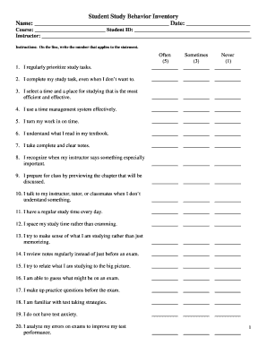 Student Study Behavior Inventory Name Date Avc  Form