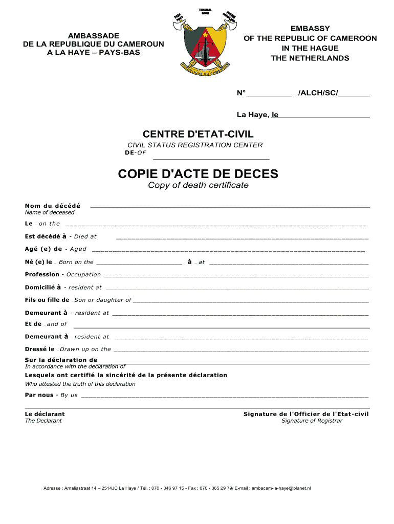 Get and Sign COPIE D&#39;ACTE DE DECES  Official Website Embassy of Cameroon    Cameroon Embassy  Form