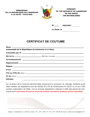 Certificat De Coutume  Form