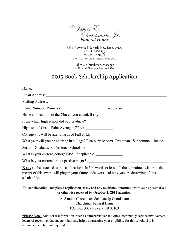 Get and Sign Book Scholarship Application James E Churchman, Jr 2015-2022 Form