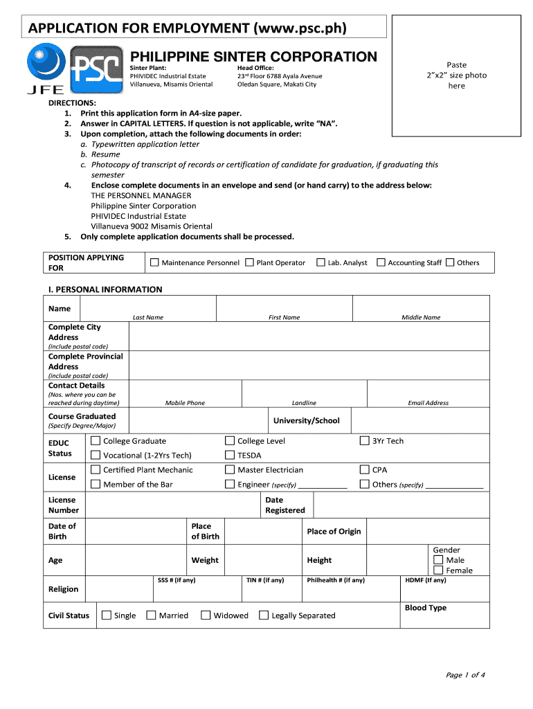 Philippine Sinter Corporation Application Form
