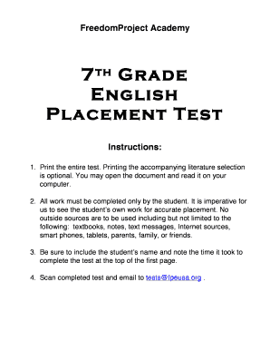 7th Grade English Placement Test DOCX Fpeusa  Form