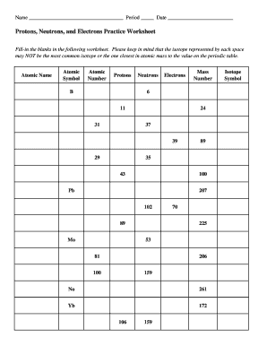 Protons Neutrons Electrons Practice Worksheet Answer Key PDF  Form