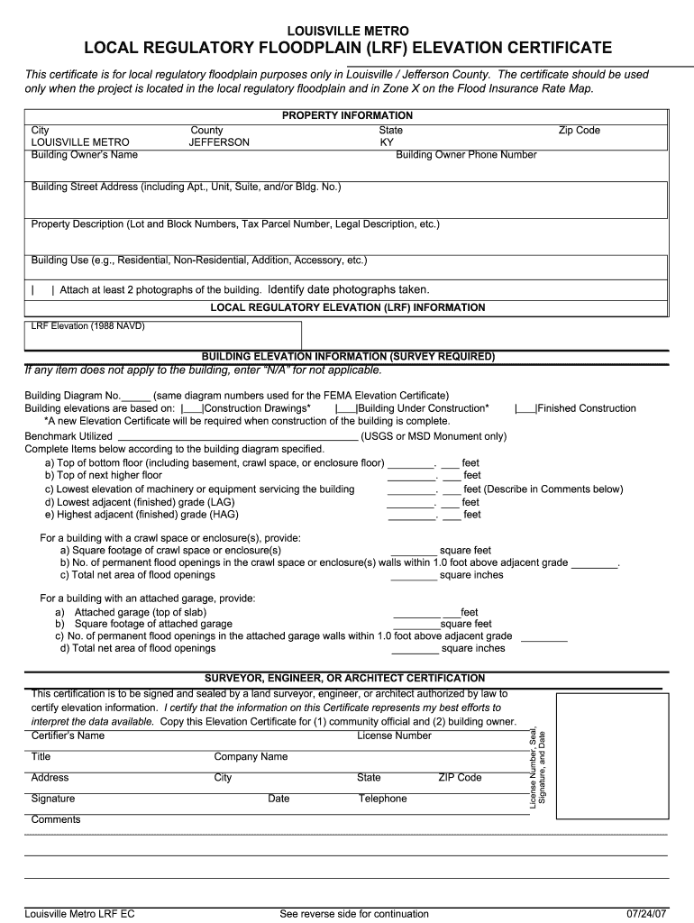  Local Regulatory Floodplain Lrf Elevation Certificate  MSD  Msdlouky 2007-2024