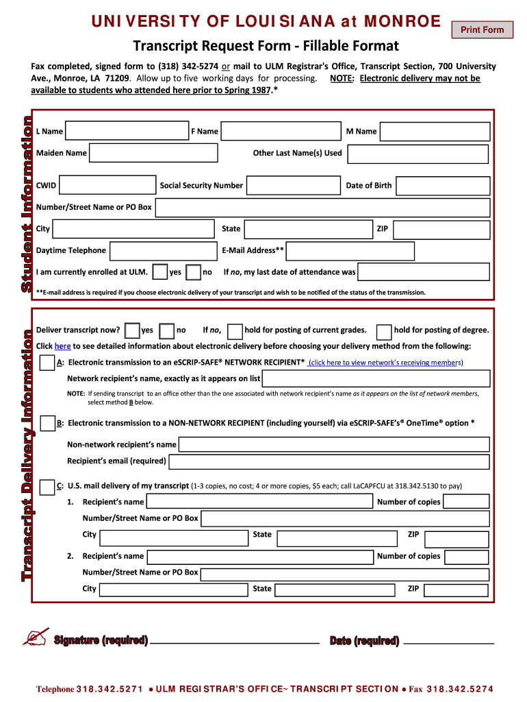 University of Louisiana at Monroe Transcript Request  Form